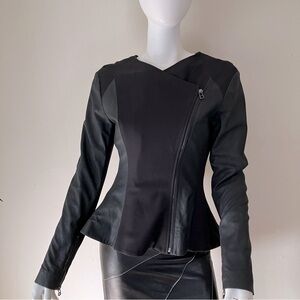 EUC Neiman Marcus black leather/rayon zipper front jacket w zipper sleeves